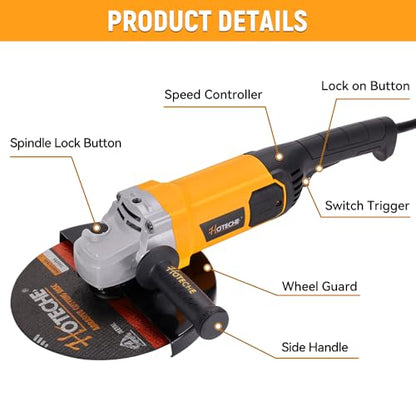 Hoteche 9-Inch Angle Grinder 3-HP Grinding and Cutting Tool Fits 7/8" Hole Size Wheels with Rotatable Handle and Lock-On Switch - size: 9-Inch 3-HP