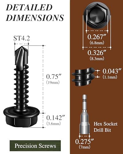 100PCS #8 x 3/4" Self Drilling Screws, Black Self Tapping Screws for Metal, 410 Stainless Steel Hex Washer Head Sheet Metal Screw, Quick Tapping with 7mm Hex Socket - color: Black, size: #8 x 3/4"