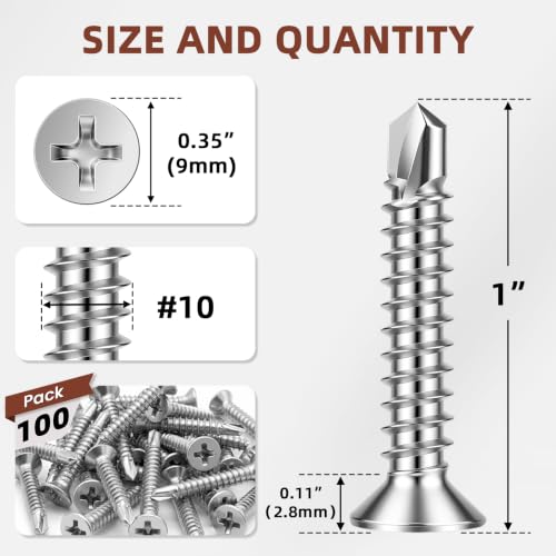 Mellewell #10 x 1 Flat Head Sheet Metal Screws, 100 PCS - color: Silver, size: #10 x 1"