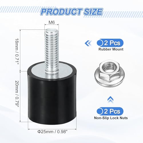 uxcell 2Pcs M6 Thread Rubber Mounts, Vibration Isolators, Cylindrical Shock Absorber with Studs 25 x 20mm with Non-Slip Nuts - size: M6 x 25 x 20mm