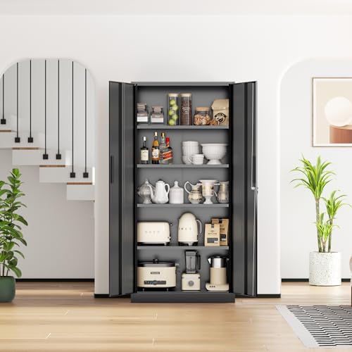 SUNCROWN 72" Metal Storage Cabinet - Heavy-Duty Metal Garage Cabinet with 4 Adjustable Shelves & 2 Doors for Tools, Office, Home, Workshop,Black-Small - color: Black, size: 72"H x 32"W x 16"D