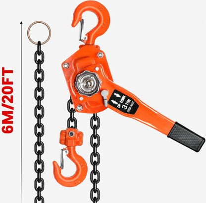 3 Ton Manual Lever Chain Hoist, 6600 LBS Heavy Duty Come Along Ratchet Puller, 20 FT G80 Alloy Steel Chain with Dual Pawl Brake for Auto Repair, Warehouse, Farm