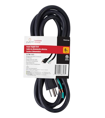nVent GARDNER BENDER PS615143 6 ft Replacement Appliance Power Cord 14/3 AWG Heavy-Duty SJTW Cable with Grounded NEMA 5-15 Plug 15A 125V 1875W Power Tool & Appliance Cord (Formerly: Bergen Industries) - size: 6 ft, style: 14 AWG