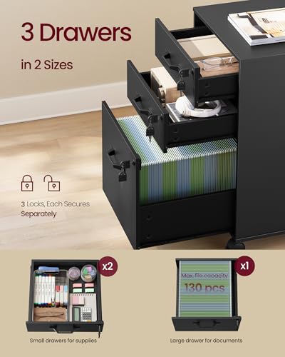 VASAGLE 3-Drawer Mobile File Cabinet, Home Office, Locking, Printer Stand - color: Ink Black, size: 3 Drawers with Lock