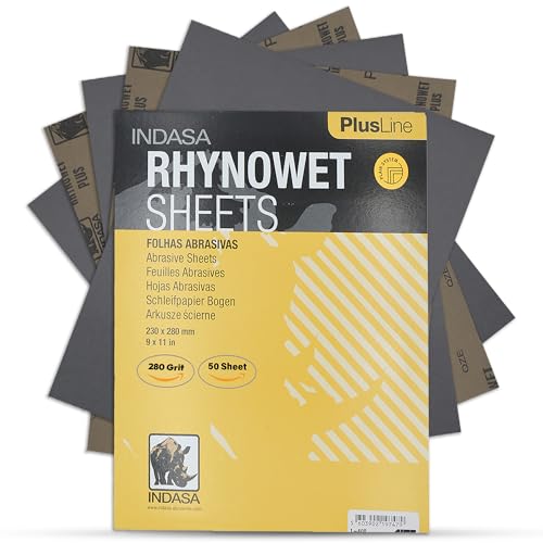 Indasa 50 PCS 9x11” Wet & Dry Sandpaper Sheets, 280 GRIT, Rhynowet Clog-Resistant Abrasive for Wood, Metal, Auto, Paint & Clear Coat Finishing, Sand Paper Aluminum Oxide, Plusline - size: 280 GRIT 9"x11" Aluminum Oxide