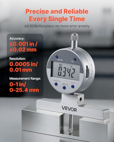 VEVOR Depth Gauge, Depth Micrometer Digital Electronic Indicator 0-22 inch Measuring Range, 0.0005" Resolution, Precision Unit Conversion with 4 Anvils, Measuring Tool for Groove, Step, Hole