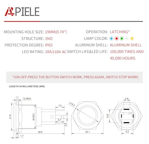 APIELE 19mm Latching Push Button Switch 110V-220V AC 10 Amp SPST LED Waterproof Round Self-Locking 1NO (Black Aluminum, Red) - color: Black Shell-Red, size: 19MM