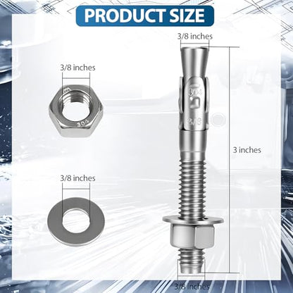 3/8" x 3" Wedge Anchor, 304 Stainless Steel Concrete Anchors, 8Pcs