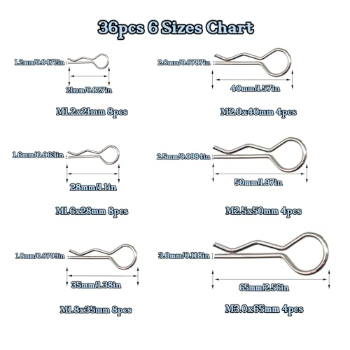 36pcs Cotter Pins, Cotter Pin Assortment Kit, Spring Fasteners Hitch Pin for Trailer Locking, Trailer Clamps, Lawn Mowers, Trucks, Mechanics, Heavy Duty R Clips Hardware Pins, 6 Sizes(M1.2-M3) - size: 6 Sizes(M1.2-M3)-36PCS