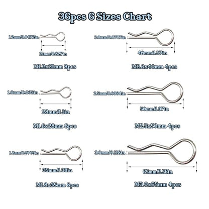 36pcs Cotter Pins, Cotter Pin Assortment Kit, Spring Fasteners Hitch Pin for Trailer Locking, Trailer Clamps, Lawn Mowers, Trucks, Mechanics, Heavy Duty R Clips Hardware Pins, 6 Sizes(M1.2-M3) - size: 6 Sizes(M1.2-M3)-36PCS