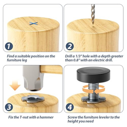 MROCO Furniture Leveling Feet 1/4"-20 UNC with T-Nuts, 12 Pack - size: 1/4"-20 / 12 Pack