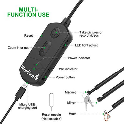 BlueFire 49FT 1080P Wireless Endoscope Camera, 2MP WiFi Borescope - size: 49.2FT
