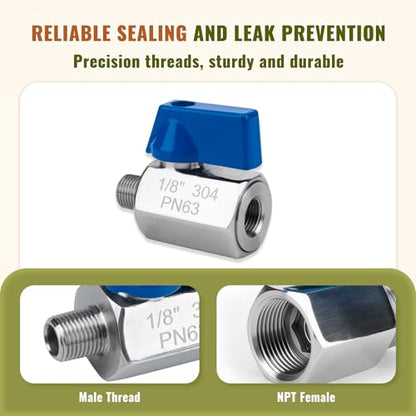2 Pack 1/8" Mini Ball Valve, 304 Stainless Steel Valve NPT Female x Male Thread Shut-Off Valves for Small Compact Space (2, 1/8 Inch) - color: 1/8 Inch