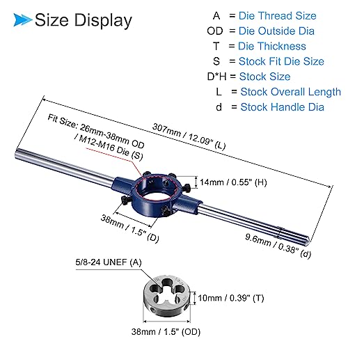 Die Stock Handle Set, 5/8-24 UNEF Thread Die & Fit 26mm-38mm OD / M12-M16 Die Wrench Tool Kit - (Applications: for Threading Repairing), 1-Set - size: 5/8-24 UNEF