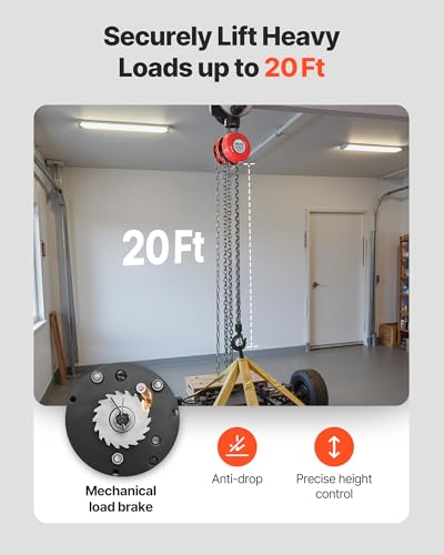 VEVOR Hand Chain Hoist, 1 Ton 2200 lbs Capacity, Manual Chain Block with Upgrade G70 Galvanized Chain, 20 ft Lifting Height, Heavy Duty Pulley Hoist for Garage Warehouse Automotive Machinery, Red