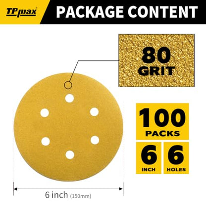 100PCS 6 Inch 80 Grit 150mm 6 Hole Sanding Discs Sandpaper - Premium Gold Round Hook and Loop for Random Orbital Sander - Ideal for Wood, Metal, Automotive - style: 80 Grit - 100 Pack