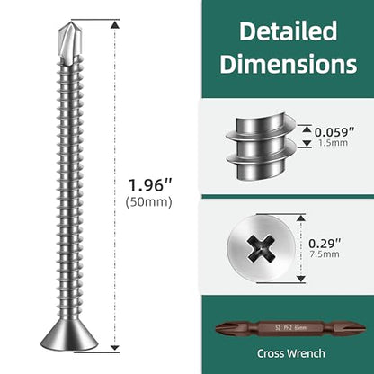 150pcs #8 x 2 Sheet Metal Self Tapping Screws Assortment Kit, 410 Stainless Steel Flat Head High-Strength Fast Self-Drilling Screws, Bright Finish - size: #8x2"