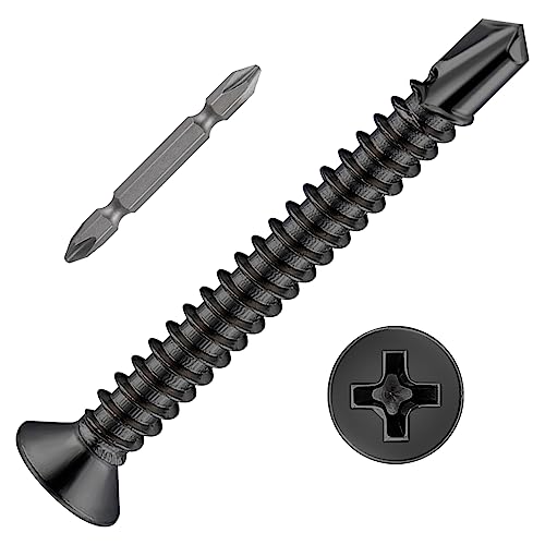Wensilon（200pcs）#8×1-1/2”for Sheet Metal Self-Tapping Screws 410 Black Stainless Steel Flat Head High-Strength Quick self-Drilling Screws - color: Black, size: #8X1-1/2"