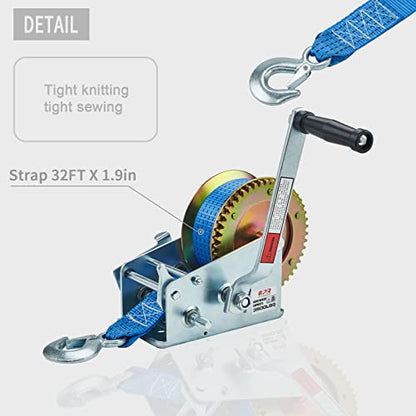 OPENROAD Boat Winch 3500lbs Hand Winch, with 32ft Blue Strap and 2 Speed switchable, for Boat Trailer Towing Winch