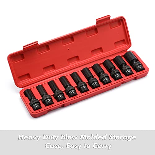 CASOMAN 10 PCS 3/8" Drive Deep Standard Universal Impact Socket Set, 6 Point, CR-MO, Metric,10-19mm - size: 10 PCS 3/8" Dr.(Deep)