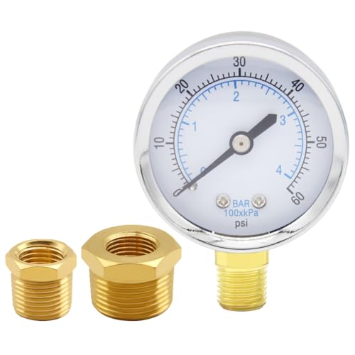 Uenede 0-60PSI Pressure Gauge 1/4" NPT Brass Bottom Mount with Bushing - size: 60PSI(1/4"NPT)