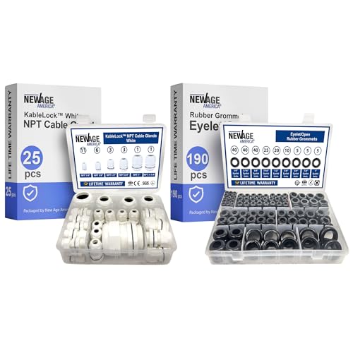 New Age America® KableLock™ 25pcs NPT Cable Glands | 190pcs Rubber Grommet Plugs | Gray | 1/4 Inch to 1 Inch | 1/4" to 1-1/4" | Open Rubber Grommets | Nylon Cord Grip | IP68 Rated | with Box
