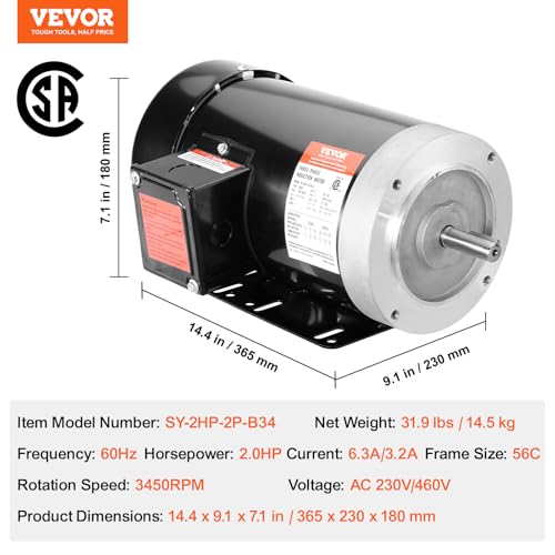VEVOR 2HP Electric Motor 3450 RPM, AC 230V/460V, 56C Frame, Air Compressor Motor 3-Phase, 5/8" Keyed Shaft, CW/CCW Rotation for Agricultural Machinery and General Equipment - size: 2P-5/8" Shaft