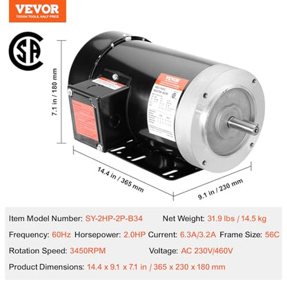 VEVOR 2HP Electric Motor 3450 RPM, AC 230V/460V, 56C Frame, Air Compressor Motor 3-Phase, 5/8" Keyed Shaft, CW/CCW Rotation for Agricultural Machinery and General Equipment - size: 2P-5/8" Shaft