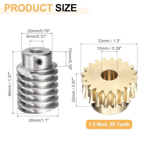 uxcell Worm Gear Set 20T 1.5 Module 20:1 Reduction Rate, Right Rotation Drive Gear Box Wheel Reduce Transmission Part (Brass Gear-10mm Bore, #45 Steel Rod 8mm Bore) - size: 10mm x 8mm