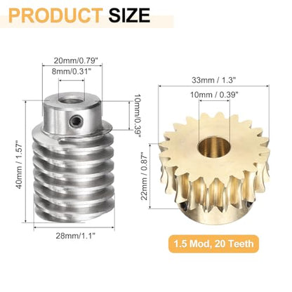 uxcell Worm Gear Set 20T 1.5 Module 20:1 Reduction Rate, Right Rotation Drive Gear Box Wheel Reduce Transmission Part (Brass Gear-10mm Bore, #45 Steel Rod 8mm Bore) - size: 10mm x 8mm