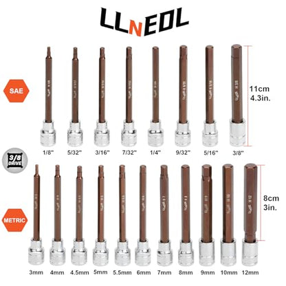 LLNEDL 3/8 Inch Drive Long Allen Hex Bit Socket Set, 19-Piece Hex Head Standard SAE & Metric Sockets (1/8"-3/8", 3-12mm), S2 Alloy Steel Durable Tools for Mechanics - size: 19pcs 3/8 inch socket set