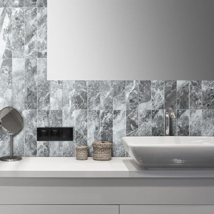 AULIGET 40-Piece Polished Grey Marble with Silver Peel and Stick Backsplash Wall Tiles, 3" x 12" PVC Faux Stone Stick on Tiles for Backsplash Kitchen, Bathroom, Laundry Room, Camper, Fireplace - color: Polished Grey Marble & Silver, size: 40 Pieces, 3"x12