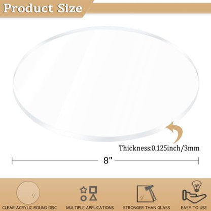 2 Pieces 1/8" Clear Circle Acrylic Sheet, 8 Inch Diameter Plexiglass Sheet, Round for Cake Discs, Plexiglass Table Top, Acrylic Backdrops and DIY Display Projects Craft - size: 8 Inch Diameter, 1/8" Thick