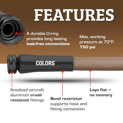 Flexzilla Colors Garden Hose 5/8 in. x 50 ft., Lightweight All-Weather Water Hose, Durable and Flexible, Leak-Free Connections, Brown Mulch - color: Brown Mulch, size: 50ft, style: Standard Grip