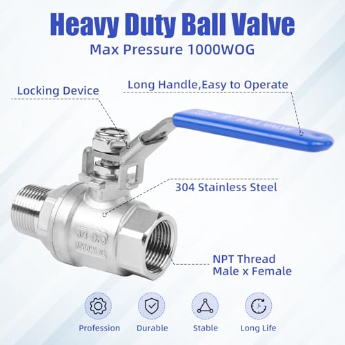 YADIAN 4 Pack Full Port 3/4'' Ball Valve NPT Male x Female Heavy Duty 304 Stainless Steel with Blue Vinyl Insulation Handle and Locking Device for Water, Oil, and Gas, 1000WOG (3/4'' NPT, Pack of 4) - size: 3/4''