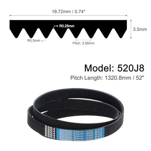 uxcell 520J8 PJ V-Ribbed Belt 8 Ribs 52" Length x 0.74" Width x 0.14" Thick, EPDM Poly V Belt, Industrial Transmission Serpentine Belt - size: 520J8