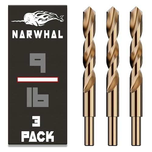 Narwhal 9/16 Inch Cobalt Drill Bits (3 Pack - Industrial Grade M35 Cobalt) 1/2" Shank & 6" Length & 135 Degree Split Point for Drilling Into Metal, Hardened & Stainless Steel, Cast Iron, & More! - size: 9/16 in