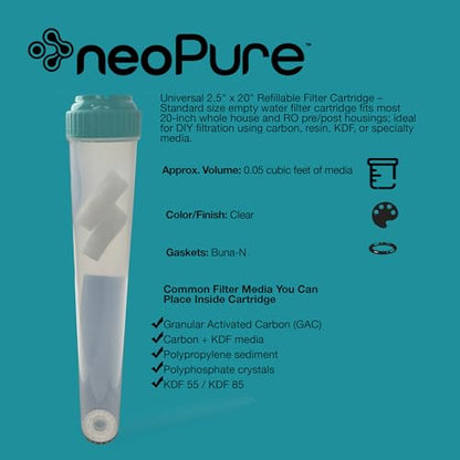 Neo-Pure Clear Empty Standard Size Water Filter Cartridge, Durable Construction Universal Pre/Post Use 2.5 x 20