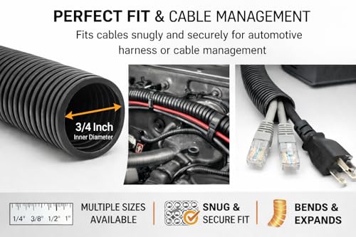 567ITG 3/4" x 25ft Split Wire Loom Tubing - Black Plastic Convoluted Tubing Wire Conduit for Automotive Wiring Loom Protection, Flexible Split Loom Tubing Cable Sleeve for Electrical Wire Management