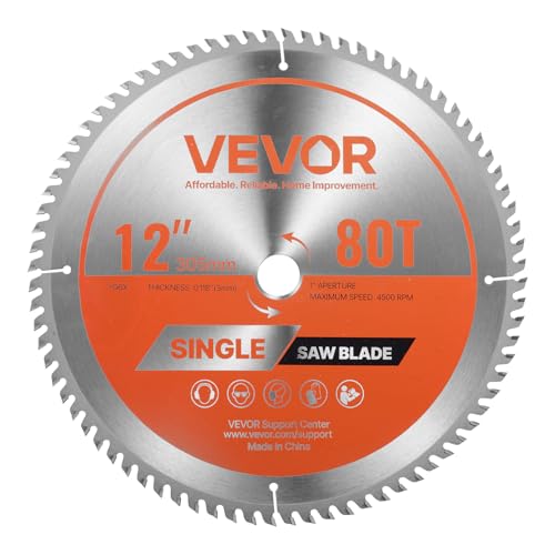 VEVOR Circular Saw Blade, 12 inch Diameter, 80 Sharp Alloy Teeth, 1 inch Arbor, Fine Finish, Wood Cutting Blade for Circular Saw, with Noise-Reducing Heat Vents, for Cutting Plywood, OSB, Hardwood - size: 12“ & 80T