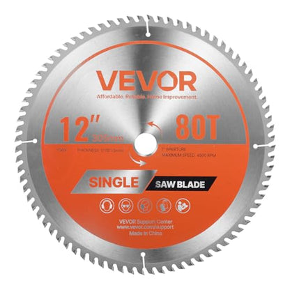 VEVOR Circular Saw Blade, 12 inch Diameter, 80 Sharp Alloy Teeth, 1 inch Arbor, Fine Finish, Wood Cutting Blade for Circular Saw, with Noise-Reducing Heat Vents, for Cutting Plywood, OSB, Hardwood - size: 12“ & 80T