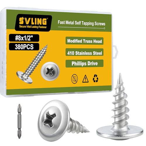 #8×1/2" Wood Screws Phillips Modified Truss Head Quick Metal,380Pcs Self Tapping Screws Stainless Steel 410,with Drive Bit - color: Silver Self Tapping, size: 8x1/2"