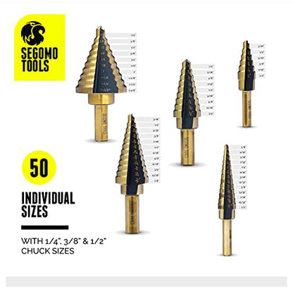 5 Piece SAE Multiple Hole 50 Sizes HSS Step Drill Bit Set with Aluminum Case | Stepped Drill Bit | Cone Drill Bit | Step Bit Set | Multiple Hole Drill Bit | Drill Step Bit - SDS5SAE