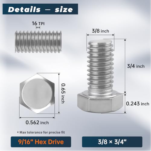 8 Sets Glvaner 3/8-16 x 3/4" Stainless Steel Hex Head Screws Bolts, Nuts, Flat & Lock Washers, 18-8 (304) Stainless Steel, Full Thread, Coarse Thread - size: 3/8-16 x 3/4"