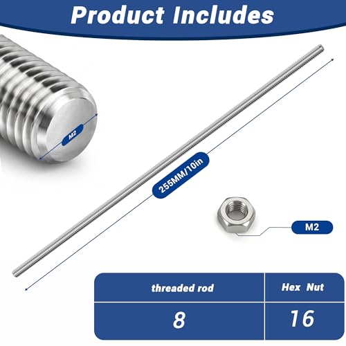 304 Stainless Steel M2 Threaded Rod,8 Pcs 10"(255mm) - size: M2x255mm
