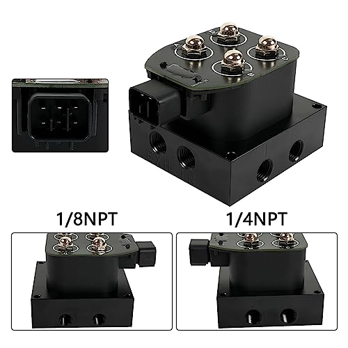 1/4" NPT 12V 2 Corner Block Manifold Solenoid Valve for Air Bag Suspension Systems, 0-300Psi Pressure Rating, Fast Response Time, Heavy-Duty, Universal Fit for Auto & Motorcycle, Aluminum - size: 4 valves