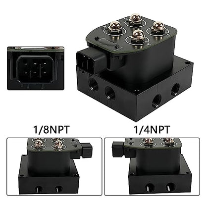 1/4" NPT 12V 2 Corner Block Manifold Solenoid Valve for Air Bag Suspension Systems, 0-300Psi Pressure Rating, Fast Response Time, Heavy-Duty, Universal Fit for Auto & Motorcycle, Aluminum - size: 4 valves