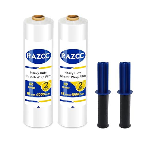 Stretch Film, RAZCC Stretch Wrap Industrial Strength, Shrink Wrap for Pallet Wrap, Heavy Duty Clear Plastic Wrap with Handles, Moving Wrapping Plastic Roll, 15" x 1000 Ft Per Roll, 60 Gauge, 2 Pack - size: 2 Rolls