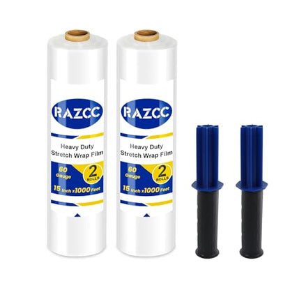 Stretch Film, RAZCC Stretch Wrap Industrial Strength, Shrink Wrap for Pallet Wrap, Heavy Duty Clear Plastic Wrap with Handles, Moving Wrapping Plastic Roll, 15" x 1000 Ft Per Roll, 60 Gauge, 2 Pack - size: 2 Rolls