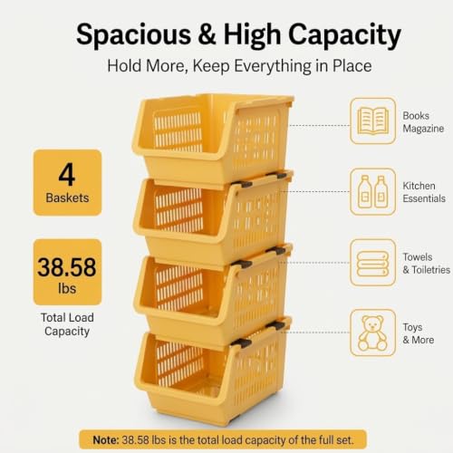 4 Pcs Open Front Stackable Storage Bins, PP Stacking Organizer Baskets with Rolling Wheels, Telescopic Buckles, Nestable, 38.58lbs Load - color: Yellow